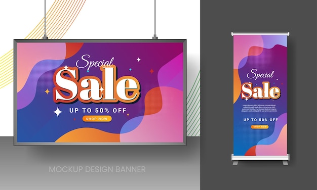 Vector promotie verkoop banner mockup ontwerp met gekleurde bont vloeibare achtergrond