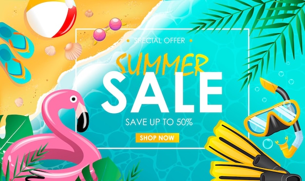 Promotion banner for summer sales against the background of the azure shore of the sea with flamingos flippers and a mask for swimming beach slippers and sunglasses Vector illustration