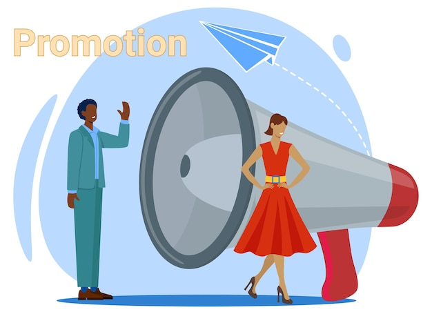Promotion The concept of promoting goods and services People on the background of a large megaphone