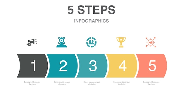 ベクトル プロモーション フォーカス人口統計達成ソーシャル メディア キャンペーン アイコン インフォ グラフィック デザイン テンプレート 5 つのステップで創造的な概念
