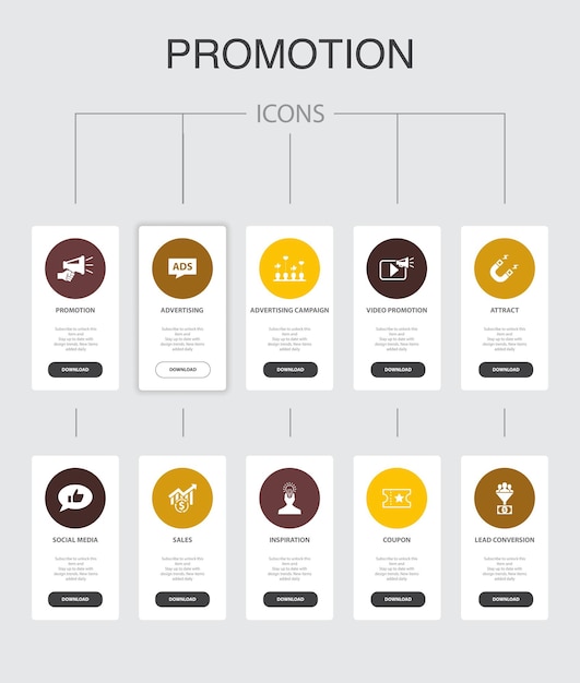 Promozione infografica 10 passaggi ui design.advertising, sales, lead conversion, attrarre icone semplici