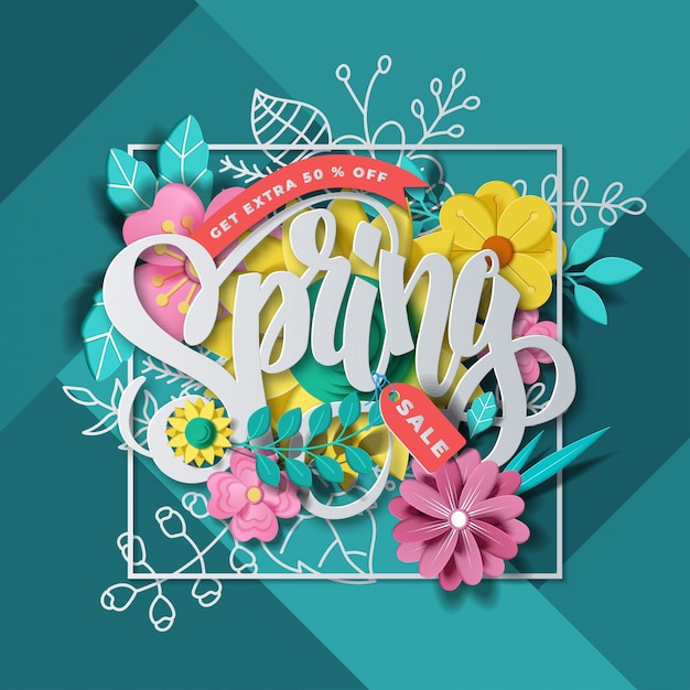 Banner di offerta promozionale con decorazione di piante, foglie e fiori primaverili.