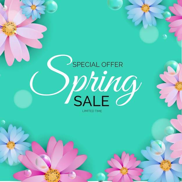 Promotion offer, card for spring sale season with spring plants, leaves and flowers decoration. 