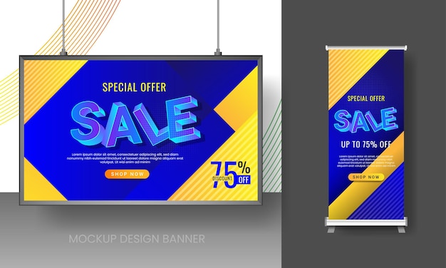 Vettore promozione vendita banner mockup design con sfondo blu e giallo