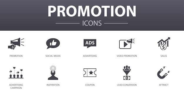 Promotion simple concept icons set. Contains such icons as advertising, sales, lead conversion, attract and more, can be used for web, logo, UI/UX