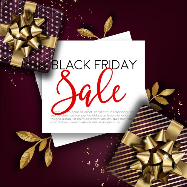 Banner promozionale per la vendita del black friday. sconti e riduzioni per evento autunnale. negozi e negozi di marketing e costi economici. pubblicità con regali e testo. vettore in stile piatto