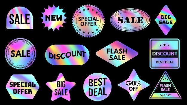 Adesivi olografici promozionali con gradiente di neon iridescente vendita e badge a sconto set vettoriale