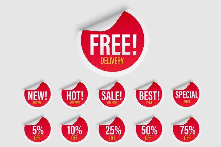 Vector promotions and up to 75 percent discount off sticker set different price red round speech bubble