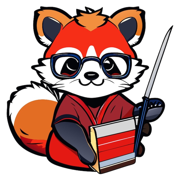 promptback to school red panda with glasses clean line art no background white black sketchbook