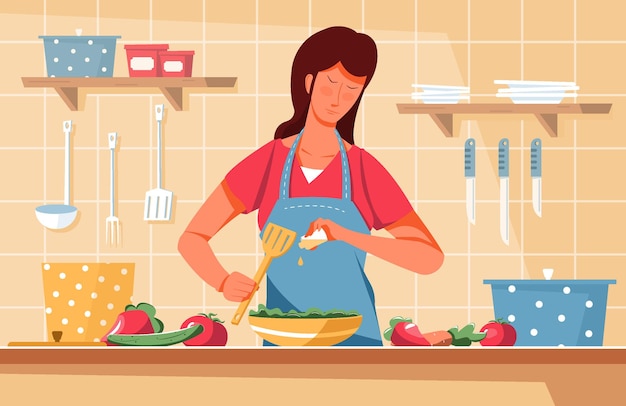 Composizione piatta per una corretta alimentazione con scenario di cucina e donna che aggiunge olio all'insalata con verdure e posate illustrazione
