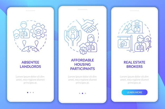Property agents clients blue gradient onboarding mobile app screen