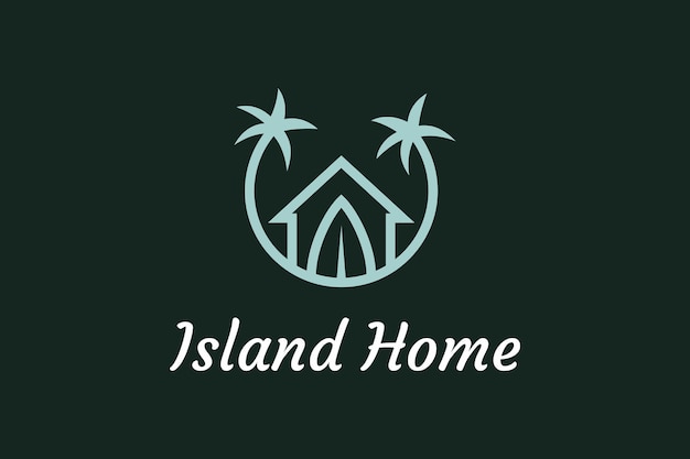 Property and apartment on island with ocean waves and palm tree suitable for real estate logo