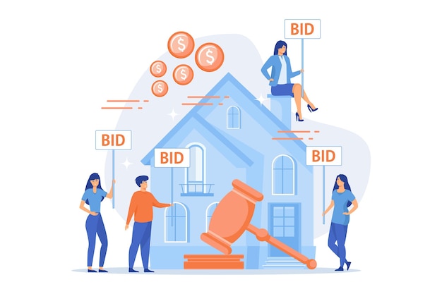 Vector property buying and selling. auction house, exclusive bids here, consecutive biddings processing,