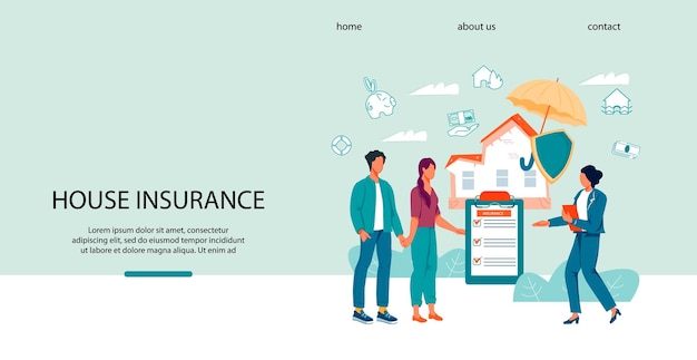 Vector property and home insurance website banner template with agent and young family characters