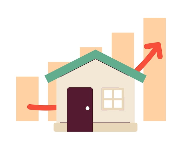 Grafico ascendente del mercato immobiliare concetto di illustrazione 2d tassi ipotecari grafico dei prezzi immobiliari oggetto di cartone animato isolato sfondo bianco metafora della crescita dei prezzi delle case grafico vettoriale piatto astratto