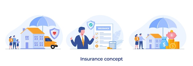 Property insurance family insurance health insurance financial protection umbrella healthcare landing page flat illustration vector template