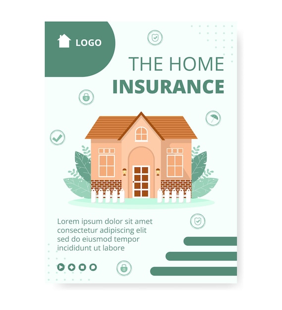 소셜 미디어, 인사말 카드 및 웹 인터넷 광고에 적합한 사각형 배경 편집 가능한 재산 보험 포스터 템플릿 평면 디자인 그림