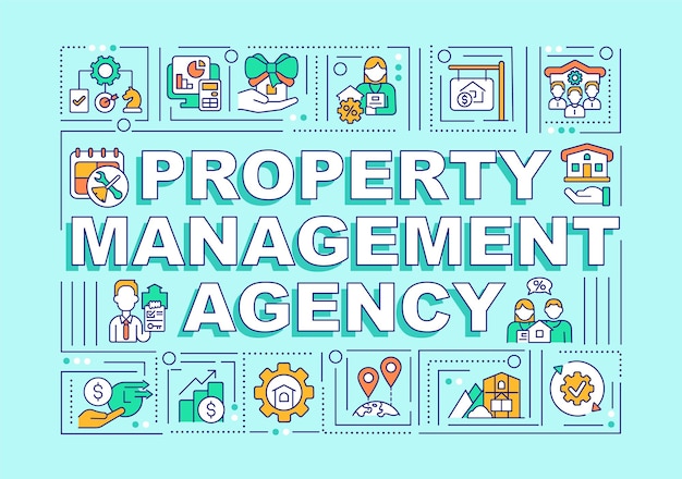 Property management agency word concepts green banner. Real estate. Infographics with linear icons on background. Isolated typography. Vector color illustration with text. Arial-Black font used