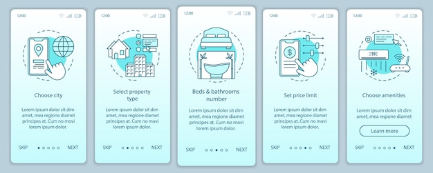 Schermata della pagina dell'app mobile per l'onboarding dell'affitto di proprietà con concetti lineari. istruzioni grafiche per la procedura dettagliata del sito web di prenotazione di appartamenti in hotel. modello vettoriale ux, ui, gui con illustrazioni