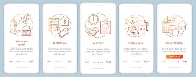 Schermata della pagina dell'app mobile per l'onboarding dell'affitto di proprietà con concetti lineari. agenzia immobiliare, istruzioni grafiche per passaggi di mercato. modello vettoriale ux, ui, gui con illustrazioni