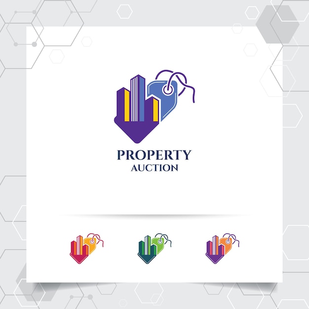 Векторная концепция дизайна логотипа продажи недвижимости значка ценника и иллюстрации недвижимости для строительства резиденции и собственности