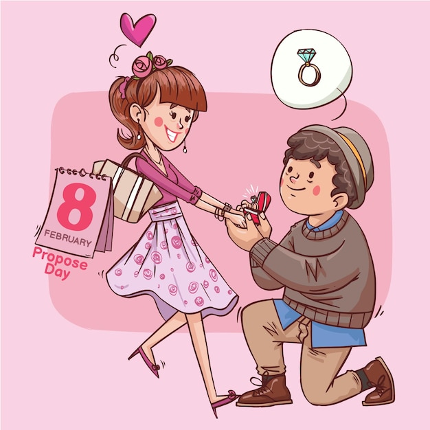 Propose day super cute love cheerful romantic valentine couple dating gift hand drawn full color illustration