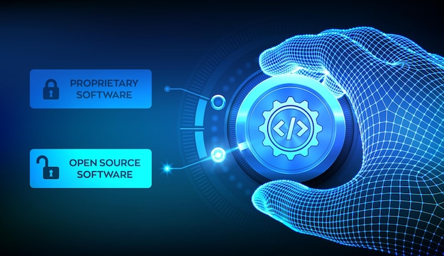 Proprietary vs Open Source Software technology concept Hand adjusting knob to switch to open source software Programming and coding software development IT solutions Vector illustration