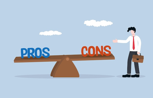 Pros and cons comparison concept Businessman weighing up pros and cons on seesaw