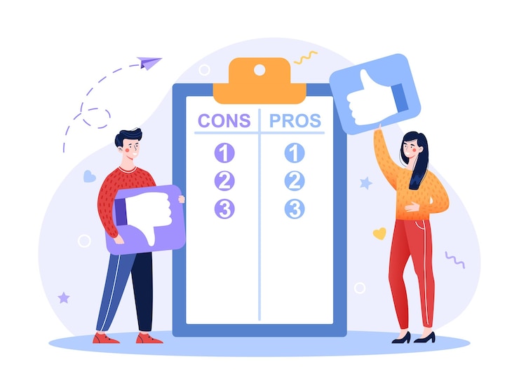 Vector pros and cons concept choice between positive and negative arguments for final decision man and