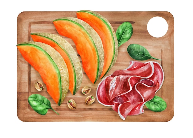 Prosciutto met meloen op een houten bord. Italiaans voorgerecht. Illustratie aquarel