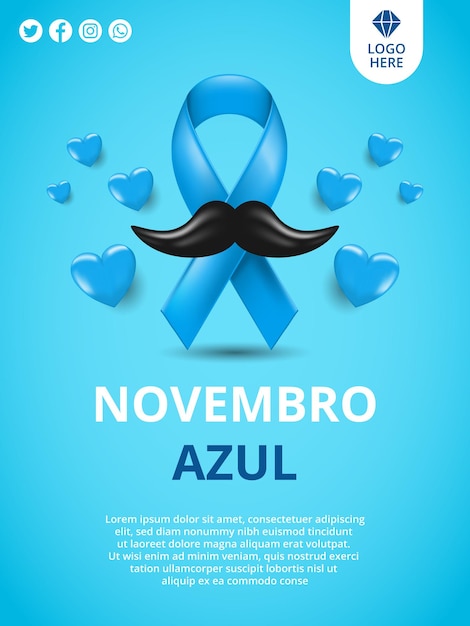 Vector prostate cancer awareness day social media feed with realistic blue ribbon for november in brazil