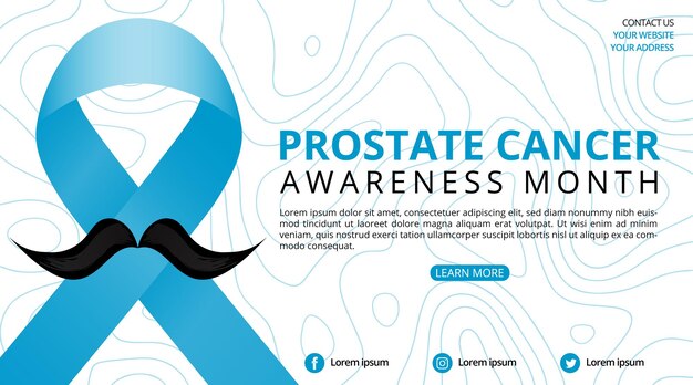 파란색 리본이 있는 전립선암 인식의 달 배너에는 콧수염과 지형도 배경이 있습니다