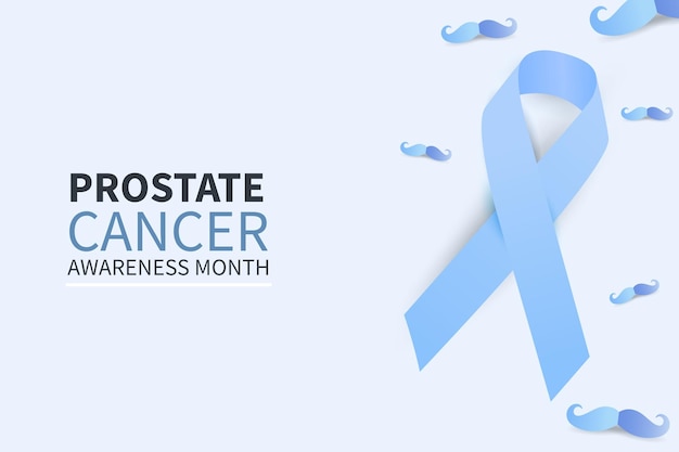 Prostate cancer awareness month banner with blue ribbon and moustaches floating