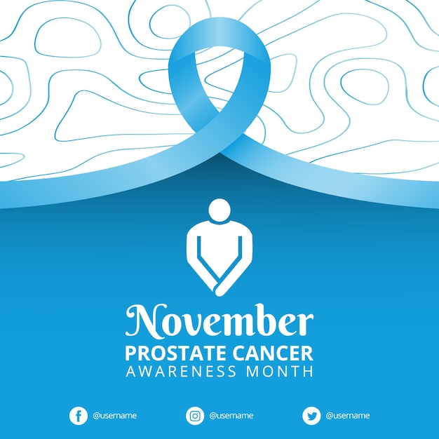 Prostate cancer awareness month banner with blue ribbon and topographic map background