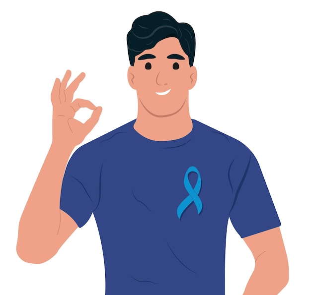 Vettore nastro di consapevolezza del cancro alla prostata con un uomo e un simbolo della salute maschile illustrazione vettoriale piatta