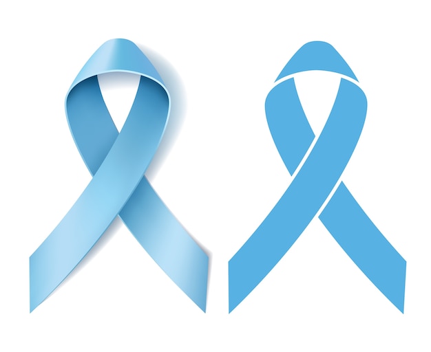 Prostate cancer ribbon awareness. disease symbol. realistic light blue ribbon and silhouette light blue ribbon  on white background.  illustration