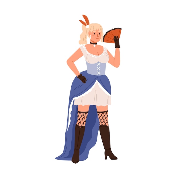 Prostitute of Wild West. Western whore woman portrait, standing in short dress, stockings and boots with fan. American sex worker from brothel. Flat vector illustration isolated on white background.