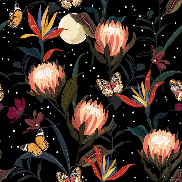 Protea flowers garden seamless pattern 