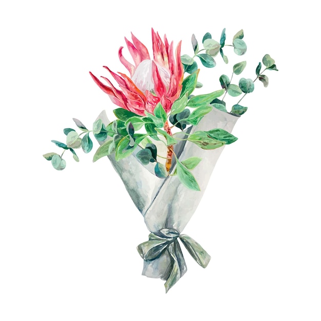 Protea watercolor eucalyptus branch bouquet pink flowers Cards wedding invitations banners covers