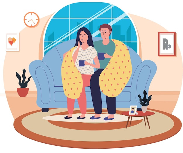 Vector protect human health concept couple resting and drinking antiviral at home man and woman in blanket drink tea treated at home sitting on couch guy and girl spend time together take medication
