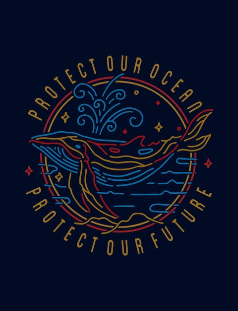 Vector protect the ocean whale neon monoline style design