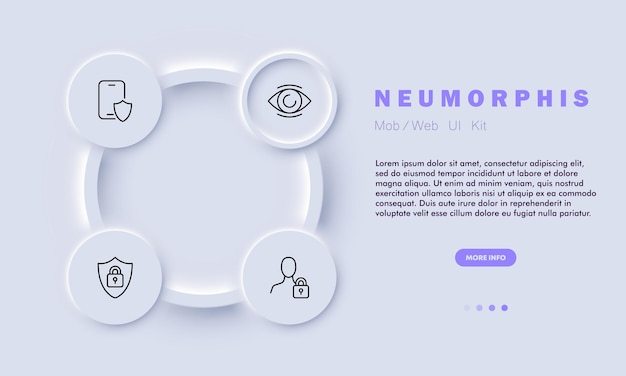 개인 데이터 보호 설정 아이콘 전화 방패 눈 액세스 설정 잠금 사람 확인 개인 정보 기밀 개인 정보 보호 개념 비즈니스를 위한 Neomorphism 벡터 라인 아이콘