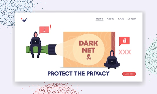 Protect privacy in dark net landing page template. hacker characters in black hoodie sitting on flashlight with laptop searching hidden drugs information in darknet. cartoon people vector illustration