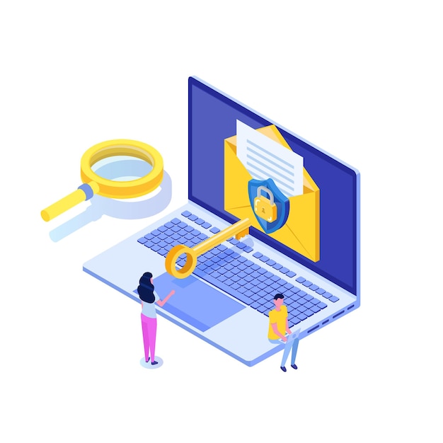 Protecting computer data, email encryption isometric concept.