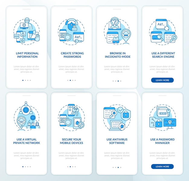 protecting data online tips set onboarding mobile app page screen. safe data walkthrough eight steps graphic instructions with concepts. ui, ux, gui vector template with linear color illustrations