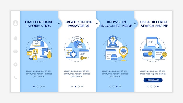 Protecting privacy online onboarding vector template. responsive mobile website with icons. web page walkthrough four step screens. data safety color concept with linear illustrations