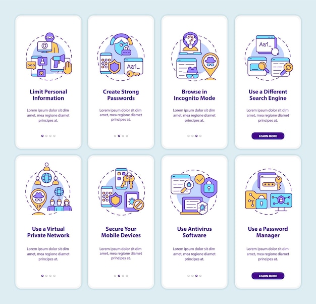 protecting privacy online tips set onboarding mobile app page screen. safe data walkthrough eight steps graphic instructions with concepts. ui, ux, gui vector template with linear color illustrations