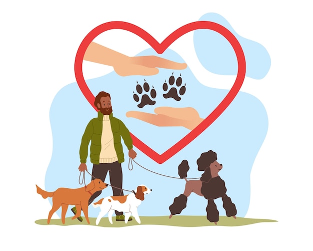 Vector protection dogs animals care love for pets and homeless happy man walking in park veterinary clinic volunteer and help pet shelter volunteers vector cartoon flat style isolated concept