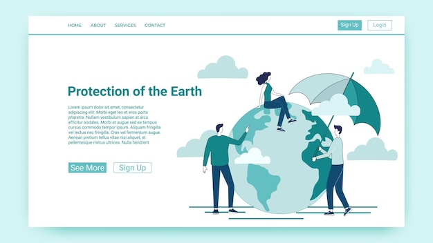 Vector protection of the earth people with an umbrella on the background of the earth