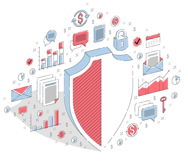 Protezione del concetto di finanze, sicurezza finanziaria, salvagente e scudo isolati su sfondo bianco. illustrazione isometrica di affari di vettore 3d con icone, grafici di statistiche ed elementi di design.